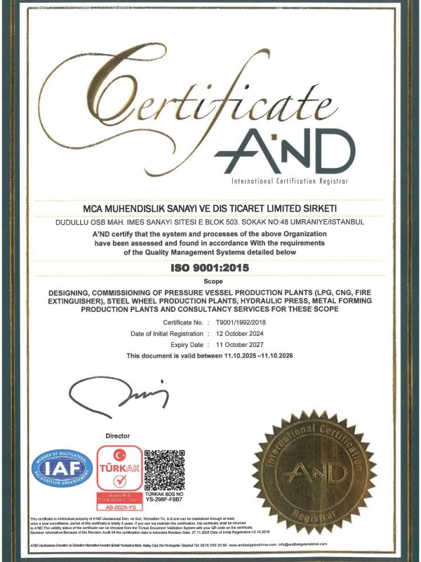 ISO Certificate MCA Industry ISO 9001-2015 Quality Management Certificate of MCA Engineering Industry